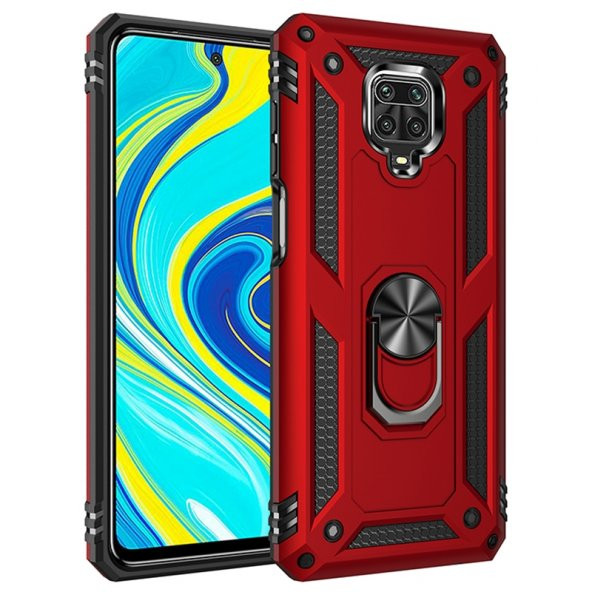 KNY Xiaomi Redmi Note 9 Pro Kılıf Ultra Korumalı Yüzüklü Manyetik Vega Kapak Kırmızı