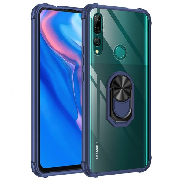 KNY Huawei Y9 Prme 2019 Kılıf Silikon Kenarlı Yüzüklü Manyetik Mola Kapak Lacivert