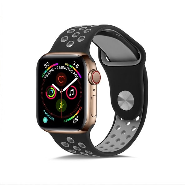 KNY Apple Watch 38 MM İçin Delikli Renkli Spor Silikon Kordon-Kayış Siyah-Gri Siyah - Gri