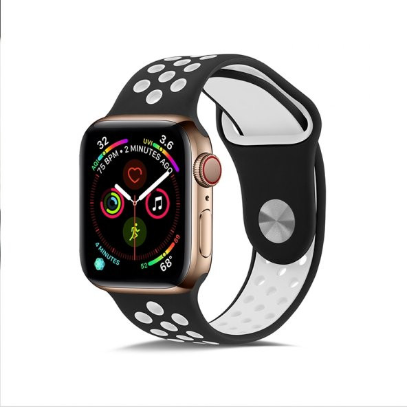 KNY Apple Watch 42 MM İçin Delikli Renkli Spor Silikon Kordon-Kayış Siyah-Beyaz Beyaz