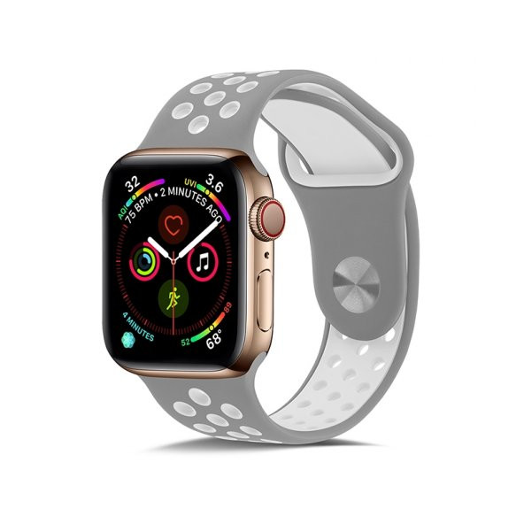 KNY Apple Watch 44 MM İçin Delikli Renkli Spor Silikon Kordon-Kayış Gri-Beyaz Gri