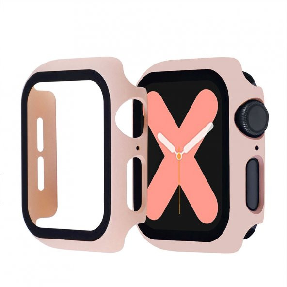 KNY Apple Watch 38MM İçin Full Kaplayan Çerçeveli Ekran Koruyucu Gard Kapak Açık Pembe Pembe