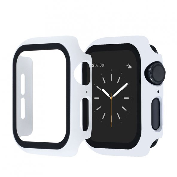 KNY Apple Watch 42MM İçin Full Kaplayan Çerçeveli Ekran Koruyucu Gard Kapak Beyaz Beyaz