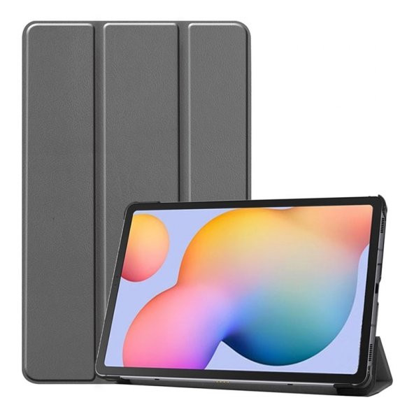 KNY Samsung Galaxy Tab S6 Lite P610 Kılıf Standlı Kapaklı Arkası Şeffaf Sert Smart Case Gri Gri