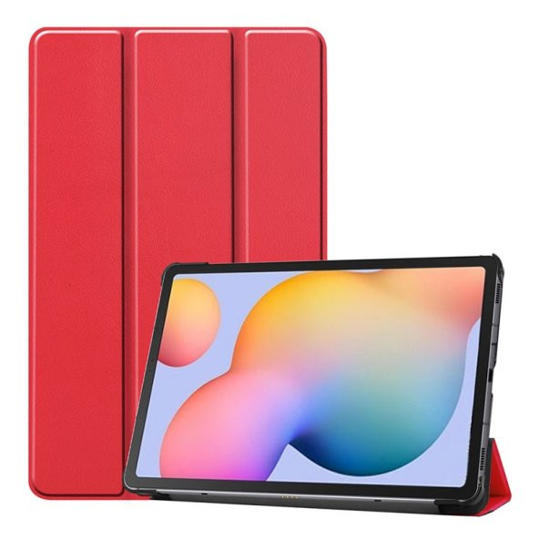 KNY Samsung Galaxy Tab S6 Lite P610 Kılıf Standlı Kapaklı Arkası Şeffaf Sert Smart Case Kırmızı Kırmızı