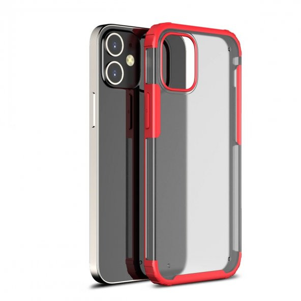 KNY Apple İphone 12 Mini Kılıf Silikon Kenarlı Sert Buzlu Volks Kapak Kırmızı