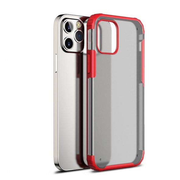 KNY Apple İphone 12 Pro Kılıf Silikon Kenarlı Sert Buzlu Volks Kapak Kırmızı