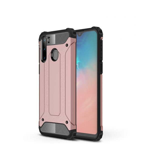 KNY Samsung Galaxy A21 Kılıf Çift Katmanlı Armour Case Rose Gold