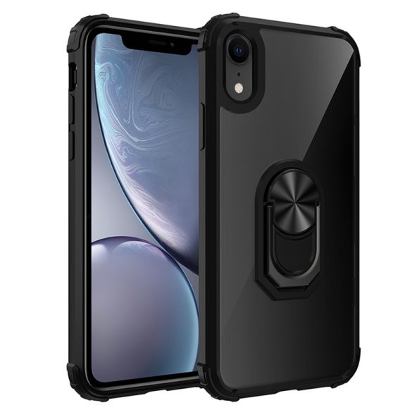 KNY Apple İphone XR Kılıf Silikon Kenarlı Renkli Yüzüklü Manyetik Mola Kapak Siyah