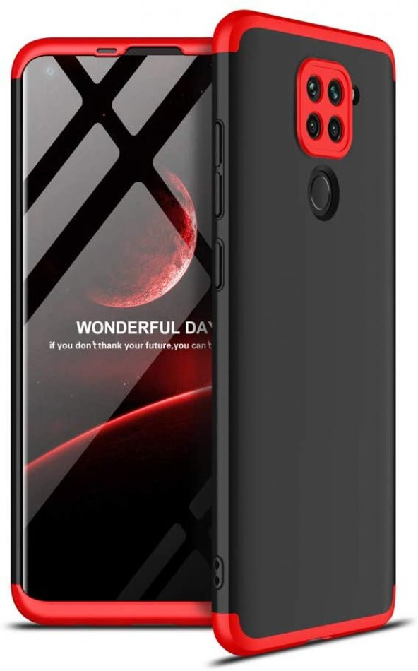 KNY Xiaomi Redmi Note 9 Kılıf 3 Parça 360 Zore Ays Kapak Siyah - Kırmızı