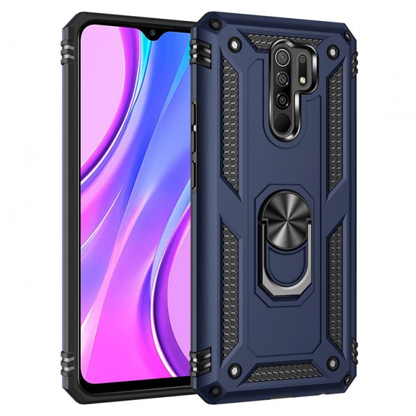 KNY Xiaomi Redmi 9 Kılıf Ultra Korumalı Yüzüklü Manyetik Vega Kapak Lacivert