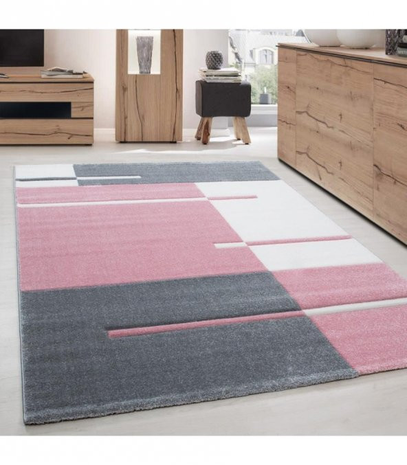 Modern Desenli Oymalı Halı Kareli ve Çizgili Gri Pembe