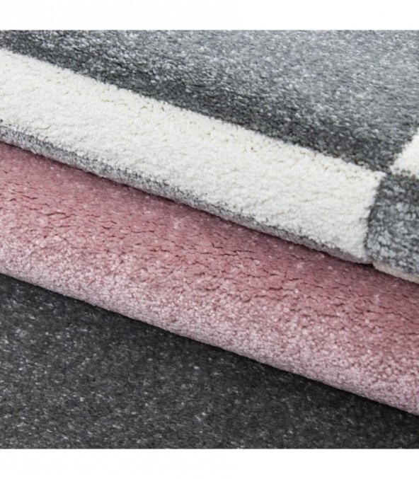 Modern Desenli Oymalı Halı Kareli ve Çizgili Gri Pembe - 5