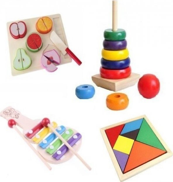 Hamaha Wooden Toys Ahşap Eğitici Geliştirici Geçmeli Kule+Meyve Kesme+Tangram+Selefon 4Lü Set