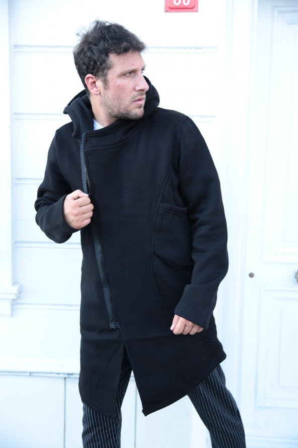 Trair Erkek Siyah Yandan Fermuarlı Kapşonlu Uzun Salaş Panço - 3