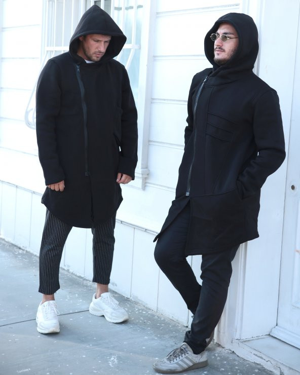 Trair Erkek Siyah Yandan Fermuarlı Kapşonlu Uzun Salaş Panço - 4