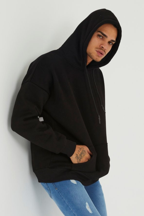 Trair Erkek Siyah Cepli Arka Yazılı Kapşonlu Sweatshirt