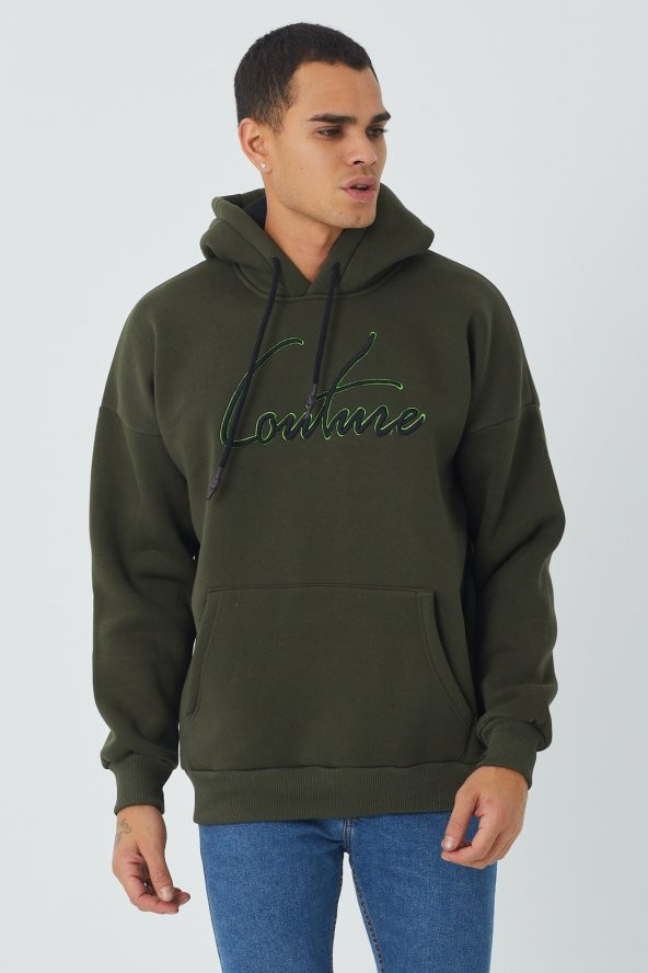 Trair Erkek Önü Yazı Nakışlı Cepli Kapşonlu Sweatshirt - 2