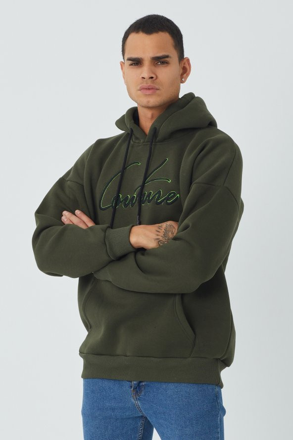 Trair Erkek Önü Yazı Nakışlı Cepli Kapşonlu Sweatshirt - 4