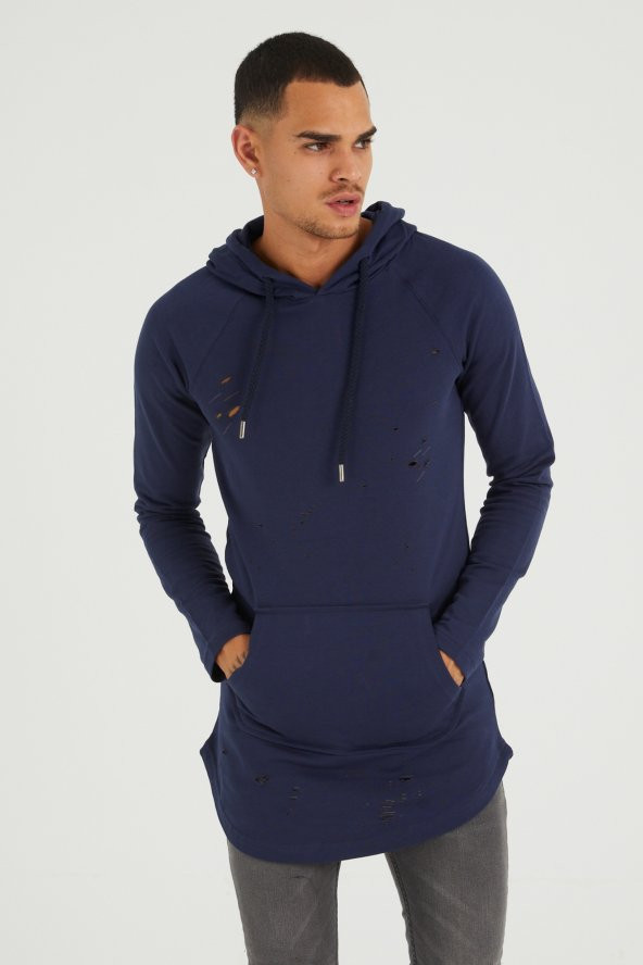 Trair Erkek Delikli Cepli Kapşonlu Oversize Sweatshirt - 2