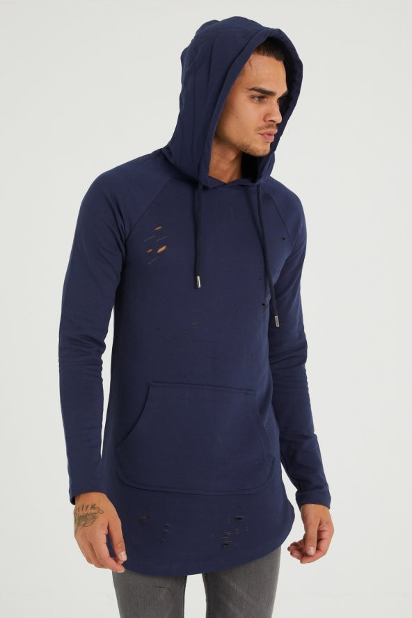 Trair Erkek Delikli Cepli Kapşonlu Oversize Sweatshirt - 4