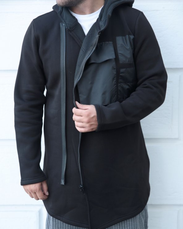 Trair Erkek Siyah Fermuarlı Ön Cepli Kapşonlu Salaş Panço