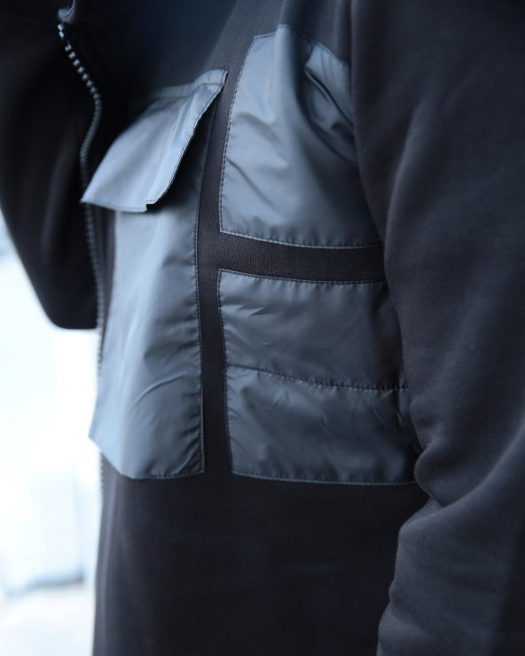 Trair Erkek Siyah Fermuarlı Ön Cepli Kapşonlu Salaş Panço - 2