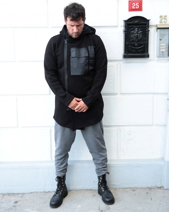 Trair Erkek Siyah Fermuarlı Ön Cepli Kapşonlu Salaş Panço - 3