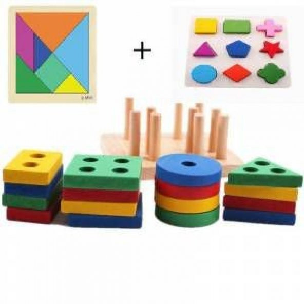 Hamaha Wooden Ahşap Zeka Eğitici Oyuncak Geometrik Şekiller + Tahta Geçmeli Bultak + Ahşap Tangram