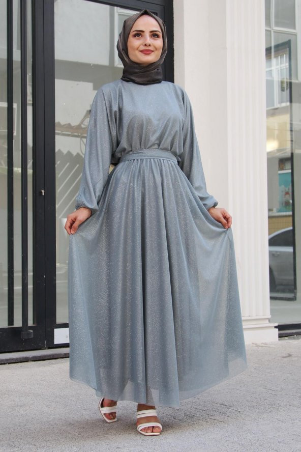 Meqlife Kuşak Detaylı Simli Tesettür Kadın Abiye Elbise