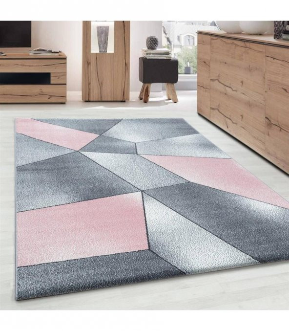 Modern desenli Halı Geometrik tasarım bulanık tonlarda Pembe Gri Beyaz - 1