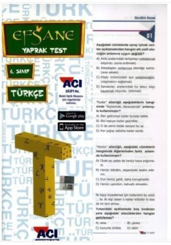 6.Sınıf Türkçe Çek Kopart Yaprak Test Açı Yayınları