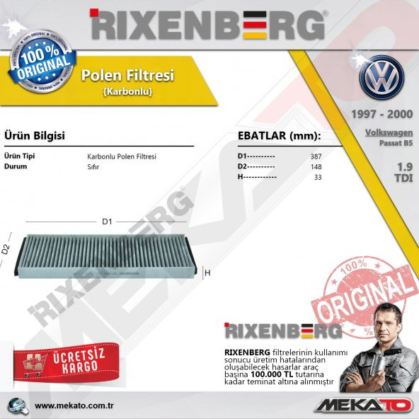 Vw Passat B5 1.9 TDI Rixenberg Karbonlu Polen Filtresi 1997-2000