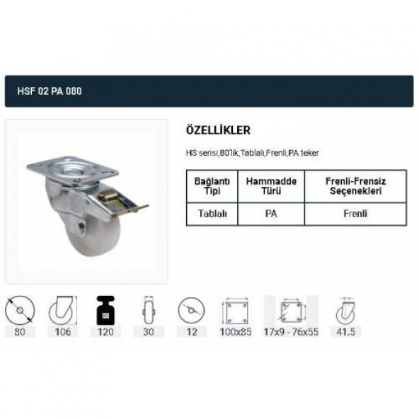 Frenli Dönerli Tablalı Servis Tekeri Polyemid 80 mm Uygur 2 Ad - 2
