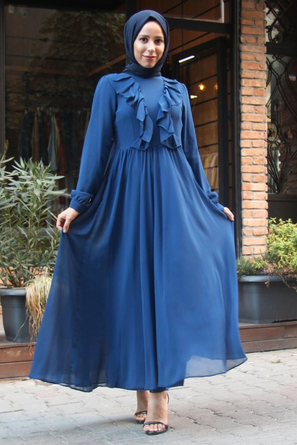 Meqlife Fırfır Detaylı Şifon Uzun Kadın Elbise