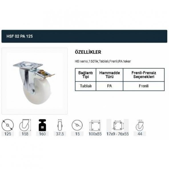 Frenli Dönerli Tablalı Servis Tekeri Polyemid 125 mm Uygur 1 Ad - Resim 2