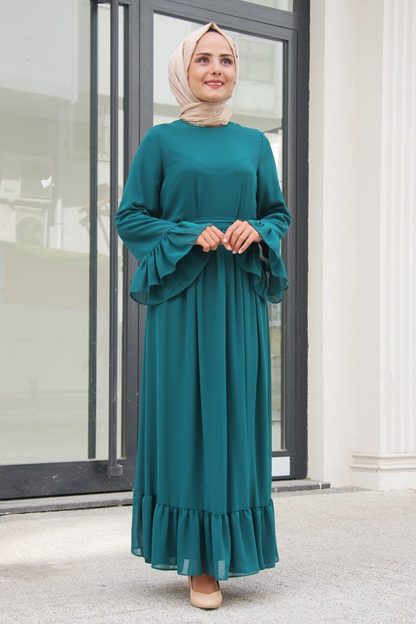 Meqlife Fırfır Detaylı Şifon Tesettür Kadın Abiye Elbise