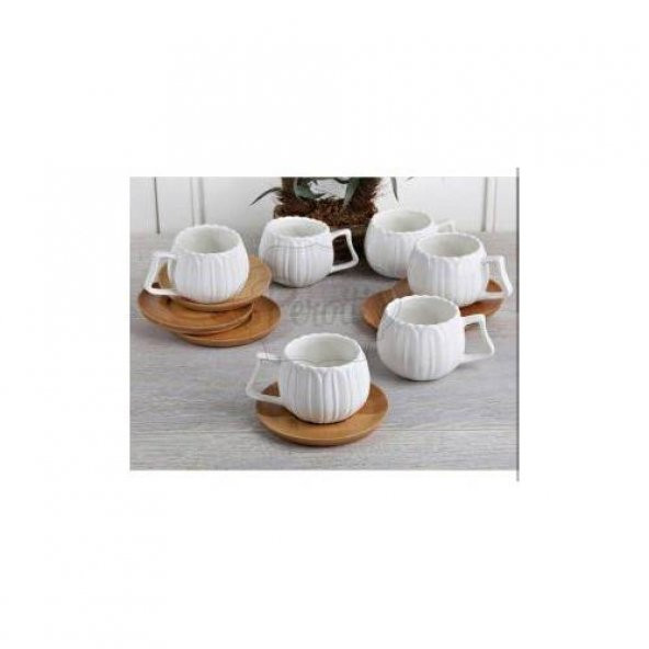 Papatya Bambu Tabaklı Porselen 6 Lı Kahve Fincan Takmı ,Bambu Fincan Takımı - 8