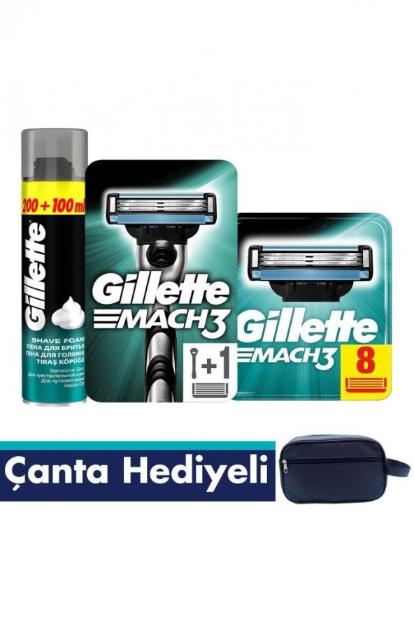 Gillette Mach3 Tıraş Makinesi + Yedek Bıçak 8li + Köpük 300 ml + Çanta