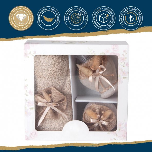 Caramel Pamuk Havlu + Süslü Sabun + Süslü Kolonya Şişesi Hediyelik Kutulu Set - 5