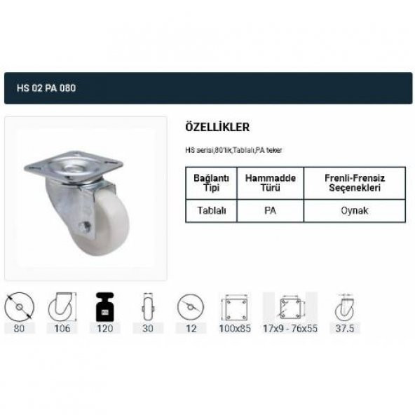 Döner Tablalı Servis Tekeri Polyemid Döner Servis Tekeri 80 mm Uygur 1 Adet - Resim 2