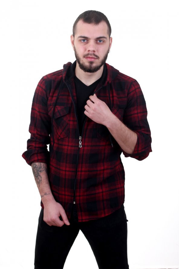 kırmızı siyah slim fit ekoseli oduncu gömleği - 2