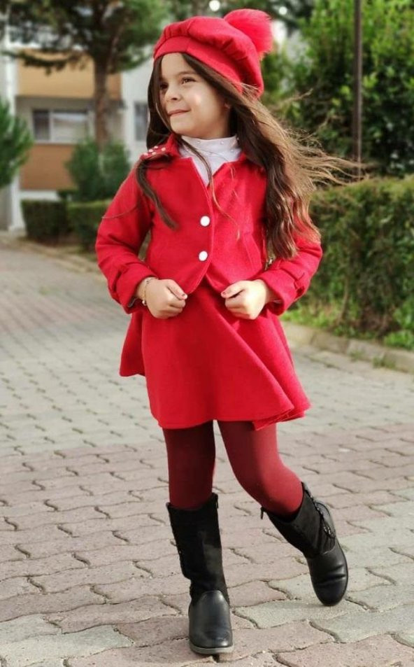 Kız Çocuk İncili Ceketli 4lü Kırmızı Etekli Takım