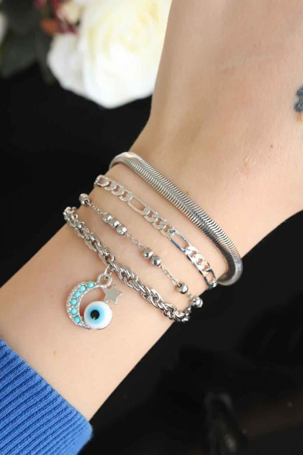 Ay ve Nazar Boncuklu Silver Renk Metal Kadın Çoklu Bileklik - 3