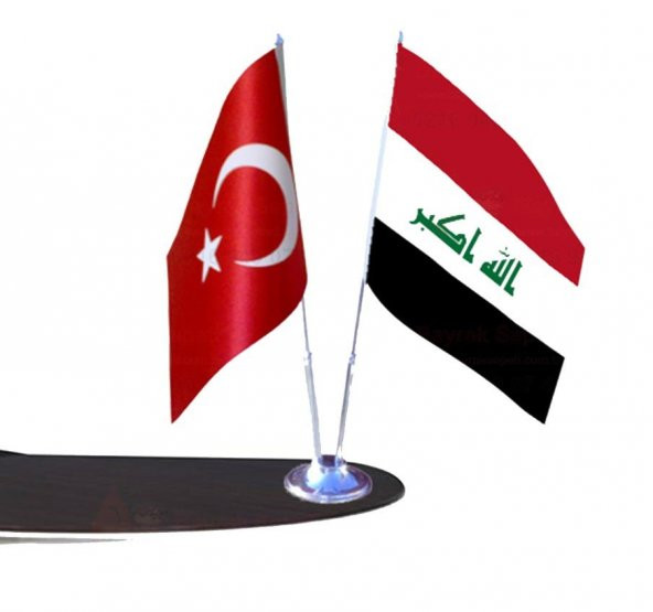 Masa Üstü Irak Bayrağı Türk Bayrağı İkili Krom Direk ile Birlikte