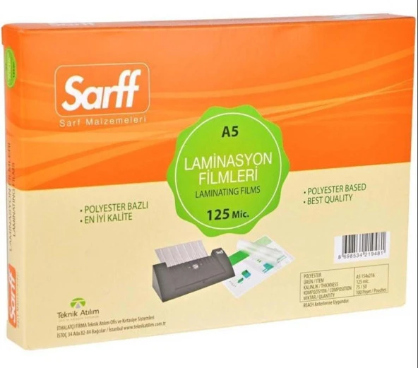 Sarff Laminasyon A5 125 Micron 100lü 15309107 (1 paket)