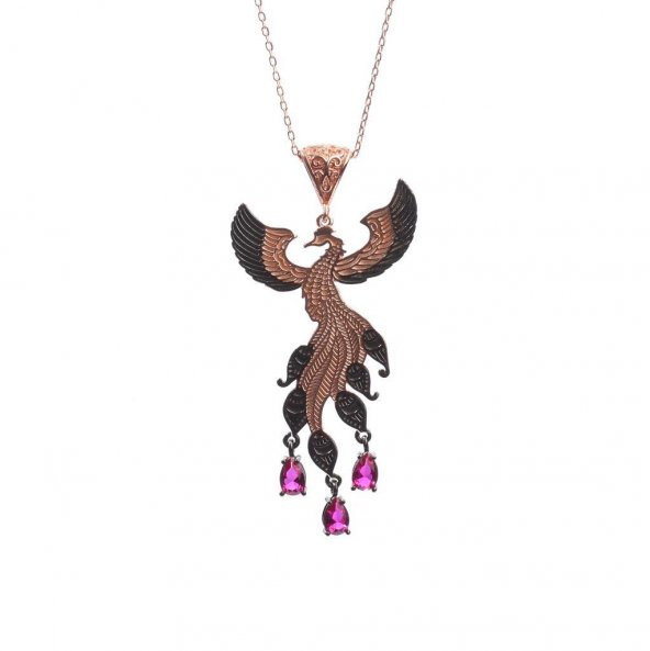 925 Ayar Gümüş Yakut Taşlı Tasarım Anka Kuşu Kolye - 2