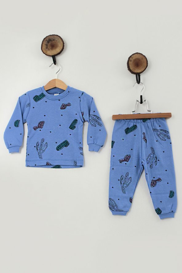Mavi Kaktüs Baskılı Unisex Pijama Takımı