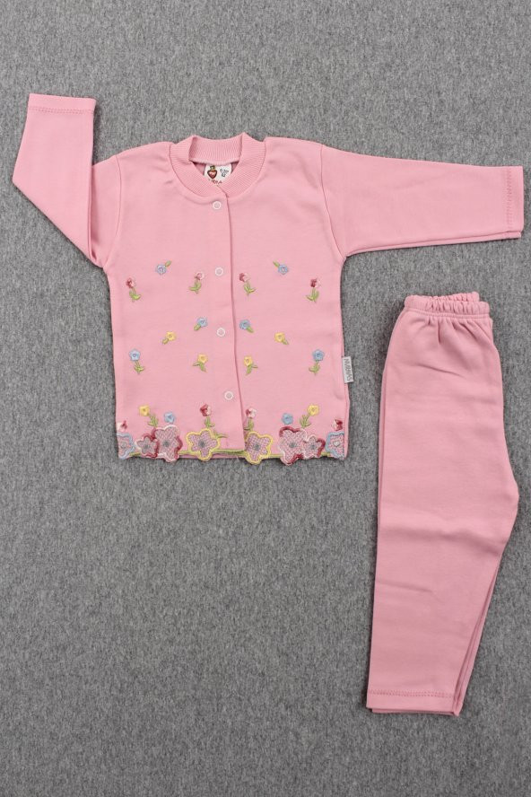 Çiçek İşlemeli Pijama Kız Bebek Takımı (Pembe)