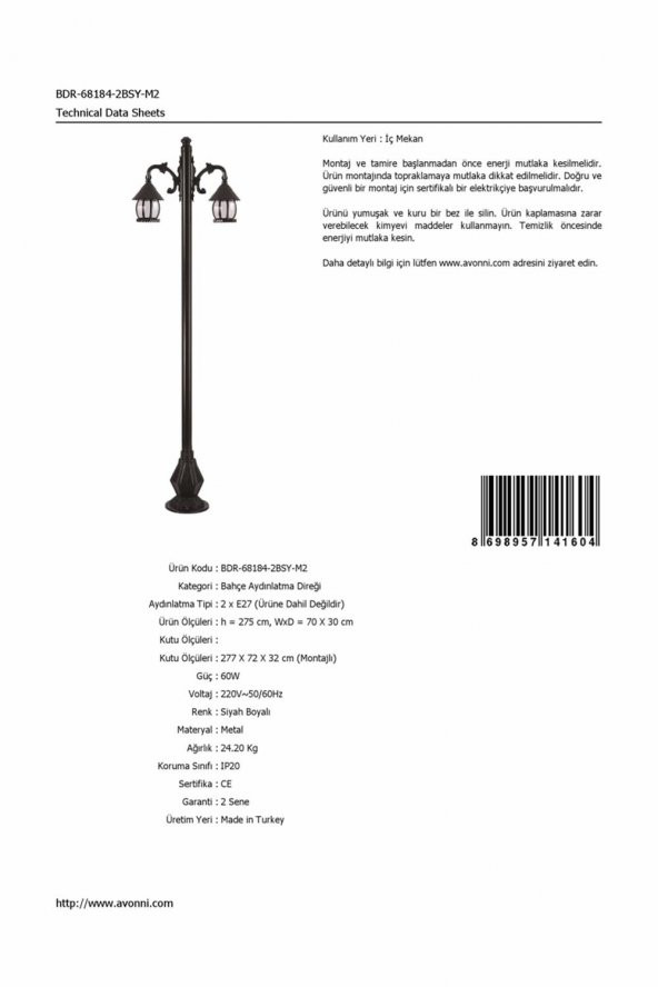 AVONNI BDR-68184-2BSY-M2 Siyah Boyalı Dış Mekan Aydınlatma E27 Çelik Boru ABS Polikarbon Cam 70x30cm - 5